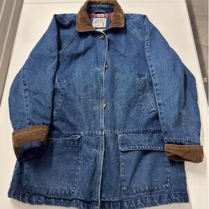 Basic Editions Denim Barn Coat Plaid Flannel Lined Corduroy Collar Blue Small